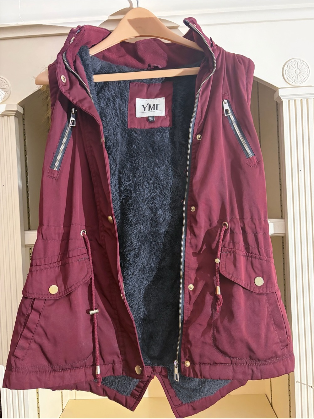 Burgundy Utility Hooded Vest with Faux Fur Lining